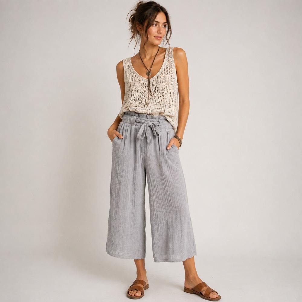 Rewash Cotton Gauze Wide Leg Gaucho Pants Sz M Grey Cropped Cozy Boho Lagenlook